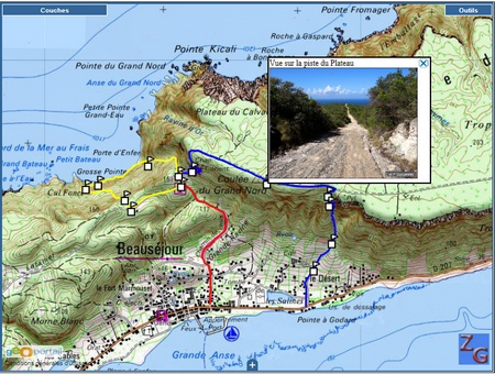 Le tracé sous géoportail du Sentier Nord de la Désirade par Grande Ravine